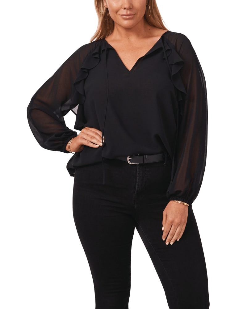 Front of a model wearing a size 1X Amaya Sheer Ruffled Top in RICH BLACK by 1.State. | dia_product_style_image_id:261988